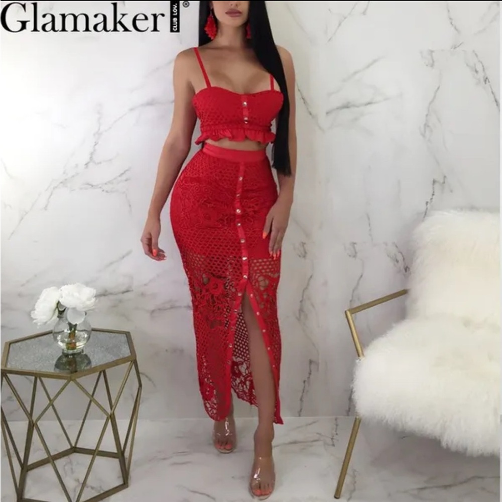 Red Two-Piece Crochet Matching Top and Maxi Skirt Set Small S
